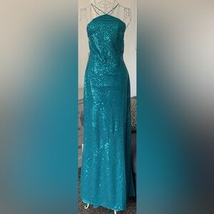 ASOS Teal Sequin Halterneck Sleeveless Open Tie Back High Side Split Maxi Dress